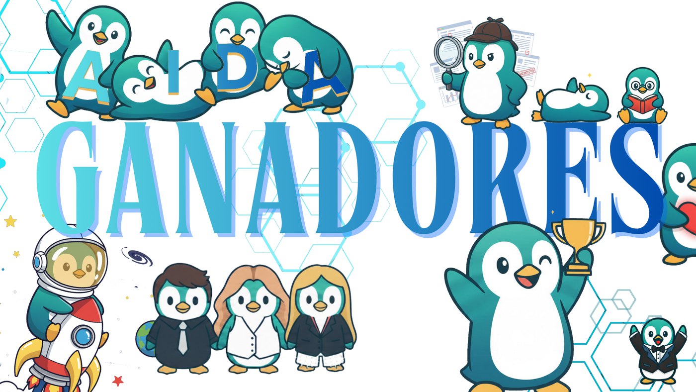Ilustración del equipo de pingüinos de AIDA celebrando el primer puesto, con la palabra GANADORES